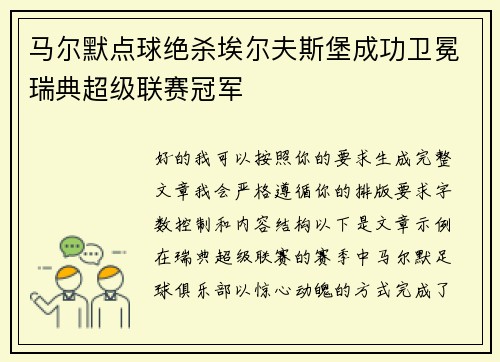 马尔默点球绝杀埃尔夫斯堡成功卫冕瑞典超级联赛冠军